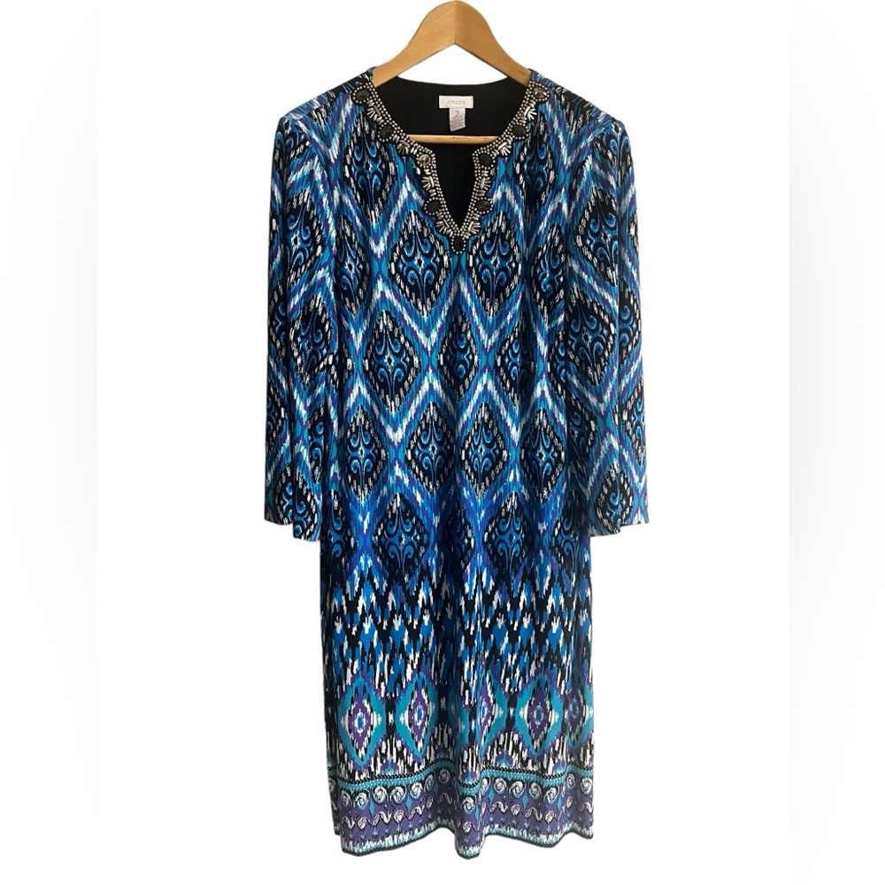 CHICO'S Embellished Neckline Lexi Blue Midi Dress Beaded V-Neck Size M / 12 Ikat
